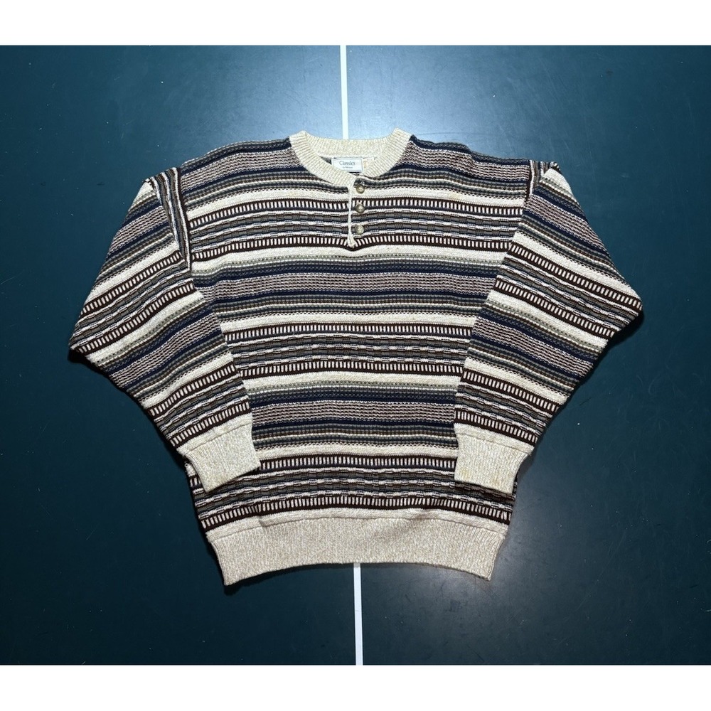 Vintage Multicolored Henley Sweater Men's Medium‎ Coogi Style Striped USA Made